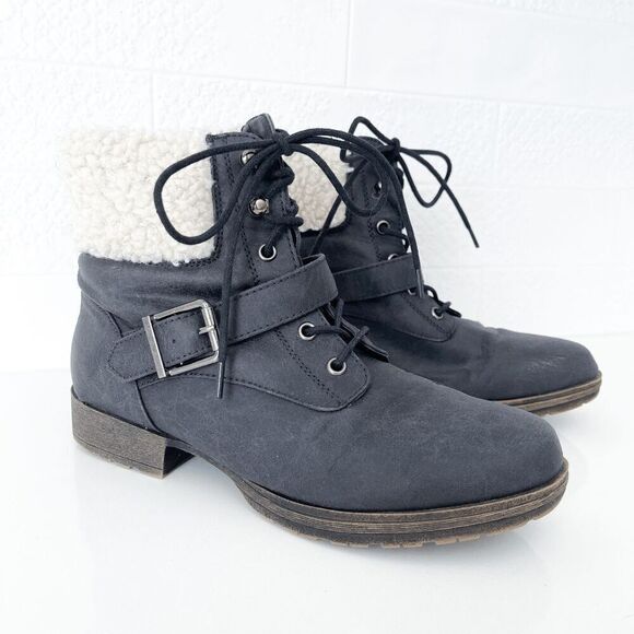 JustFab Feven Womens Lace Up Buckle Faux Fur Bootie Boots Black 5.5 - Picture 1 of 8